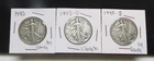 Walking Liberty Half Dollars 1945-P, 1945-D, and 1945-S Lot of 3