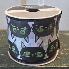 Celebrate It Halloween Wired Ribbon Black Cats Green Glitter Eyes 2.5" NEW