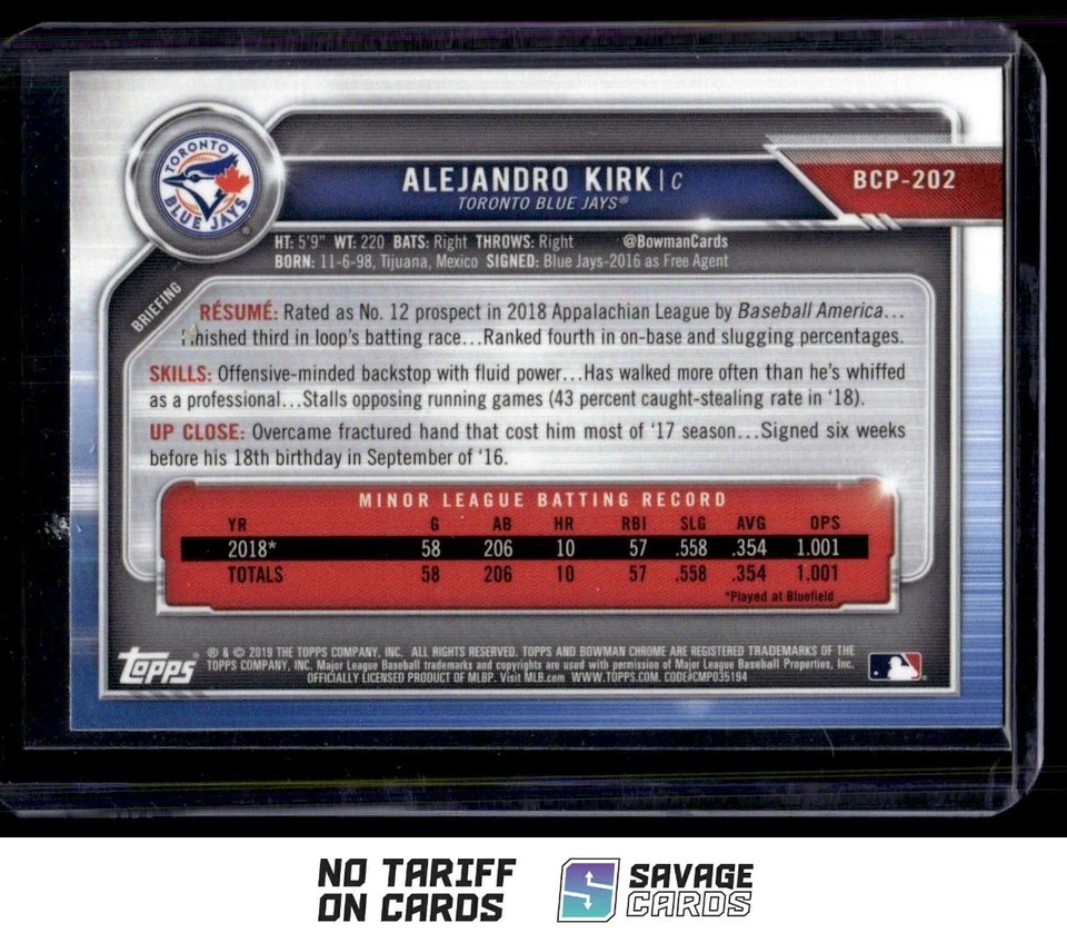 2019 Bowman Chrome Prospects Alejandro Kirk . #BCP-202 Toronto Blue Jays - Image 2 of 3