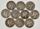Lot of 10 Mercury Dimes 90% Silver - Various 1925 - 1945 Dates Free Shipping