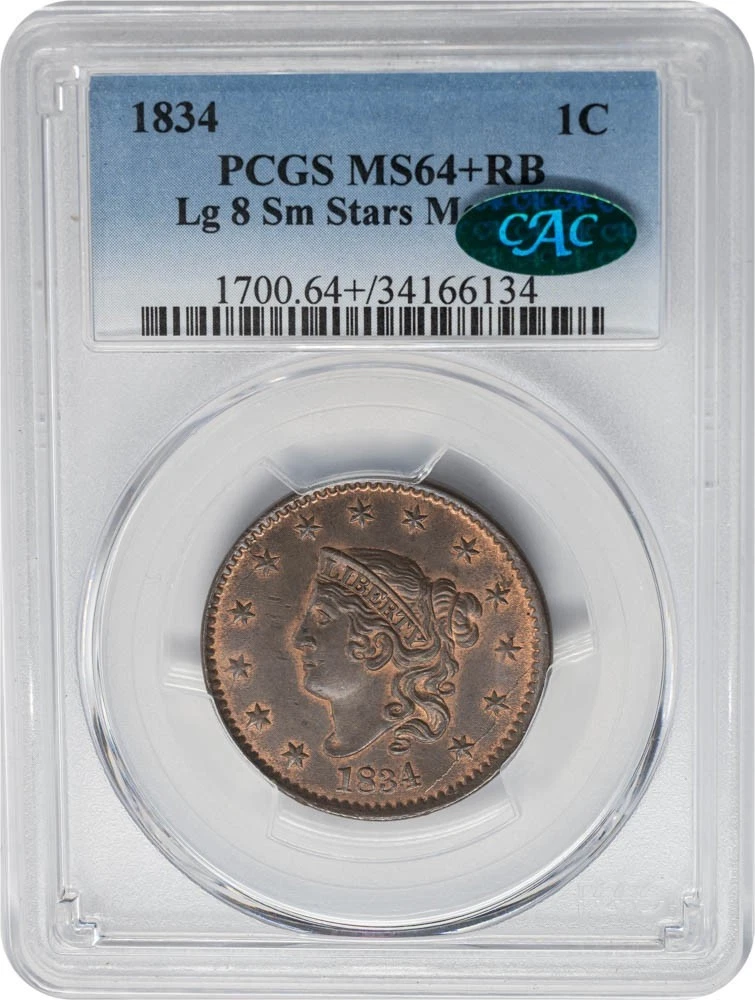 1834 Large Cent 1c Lg 8 Sm Stars ML MS64+ RB PCGS ~ CAC 951158-13