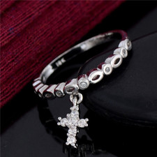 Round Simulated Diamond Christ Cross Minimalist Slim Ring Band White Gold Plated