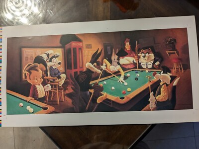 1994 LOONEY TUNES BILLIARDS POOL HALL WARNER BROTHERS LITHOGRAPH BUGS BUNNY19x25