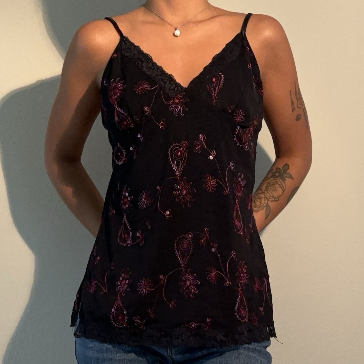 Vintage y2k Fashion Bug Black And Pink Sequin Paisley Cami Top