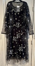 Bloomchic Sz 28 Black Whimsical Magic Moon Stars Mesh Overlay Midi Dress New