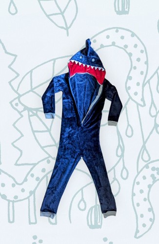 SHARK Youth Boys Girls Sz Large HOODED One Piece Sleep Suit Pajamas Navy Blue - Picture 2 of 10