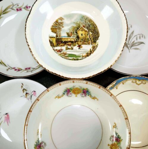 Vintage Mismatched China Dessert Bowls Mixed Florals Scenes Scrolls Set of 6 - Picture 1 of 12