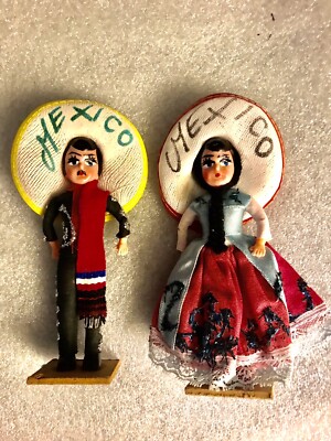 Vintage Mexican Souvenir Dolls Sombrero Boy Girl Adorable
