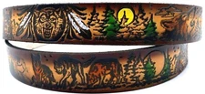  WOLF WESTERN FEATHERS ANIMAL EMBOSSED GENUINE COWHIDE LEATHER BELT USA MADE