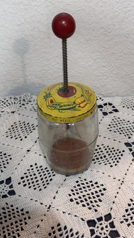 Vintage 40s Jar w Blades Food NutChopper Red Wood Knob, Metal Veggie Lid w Glass