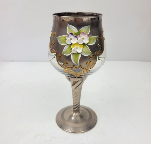 Gold Gilt Moser Bohemian Murano Wine Glass Clear Raised Flower Hand Painted 6.5"
