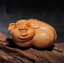 Hand Carved Wooden Smile Pig Farm Statue Folk Art Decor Crafted Wood Piggy