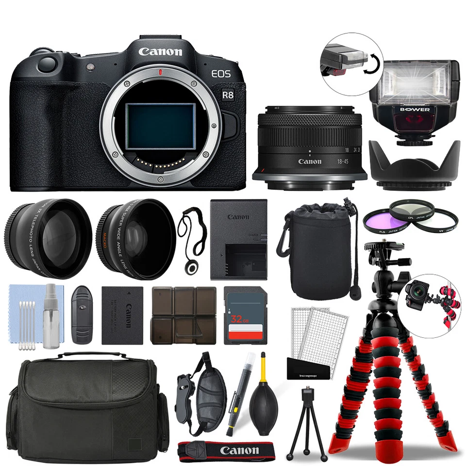 Canon EOS R8 Mirrorless Camera & 18-45mm STM+ 32GB 3 Lens Ultimate Accessory Kit