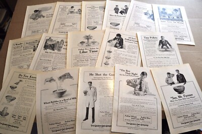 1916-19 QUAKER OATS advertisements x16, Puffed Wheat, Rice, Corn