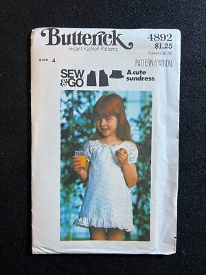 Butterick Sewing Pattern 4892 Sew & Go Children's Dress Size 4 FF UNCUT