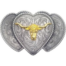 Golden Longhorn Bull Heart-Shaped Design Silver Metal Women's Belt Buckle