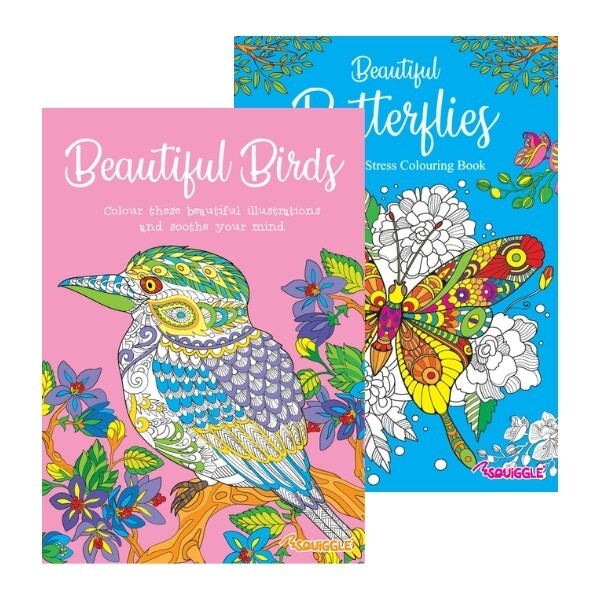 2 x ADULT ANTI STRESS Colouring Books - BEAUTIFUL BUTTERFLIES & BIRDS ALL AGES