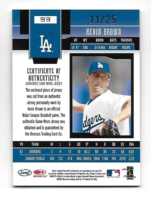 Нашивка из золотой фольги KEVIN BROWN 2003 Leaf сертифицированные материалы /25 Los Angeles Dodger - Изображение 2 из 2