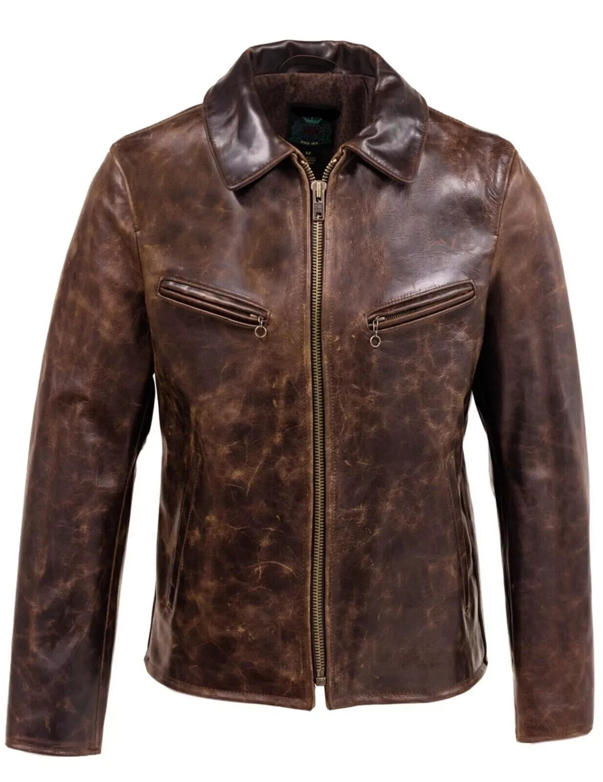 Men's Crunch Cowhide Leather Biker Jacket Brown Fashionable Vintage Outwear Coat