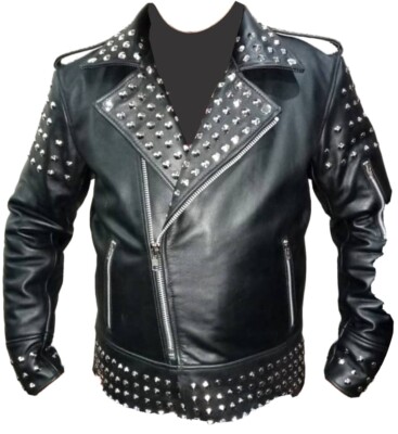 Herren Echt Rindsleder Nieten schwarz Biker-Stil Jacke