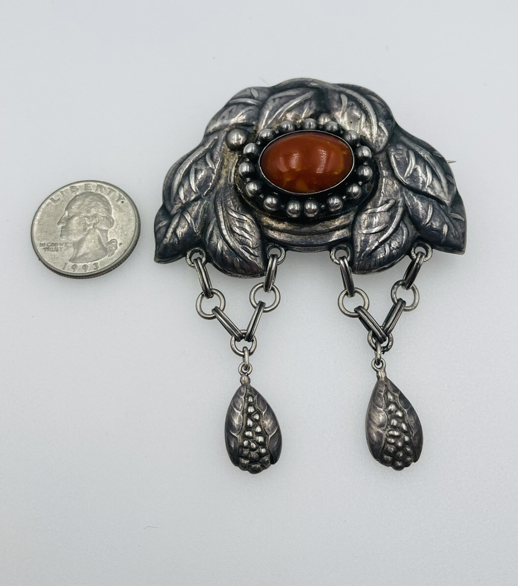 arthus-bertrand 銀製 Bernhard Hertz Denmark Vintage .828 Sterling Silver & Amber