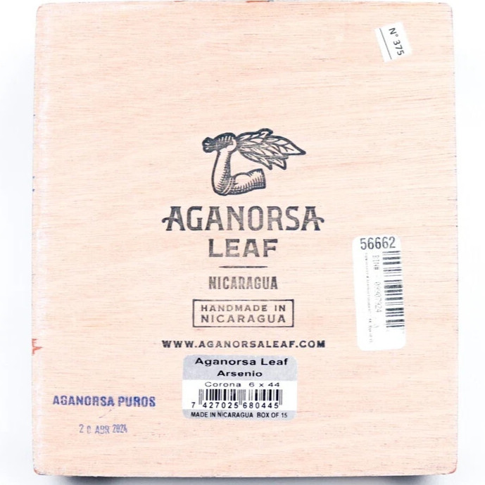 Aganorsa Leaf Arsenio Corona Empty Wood Cigar Box 7.25" x 6.5" x 1.75"