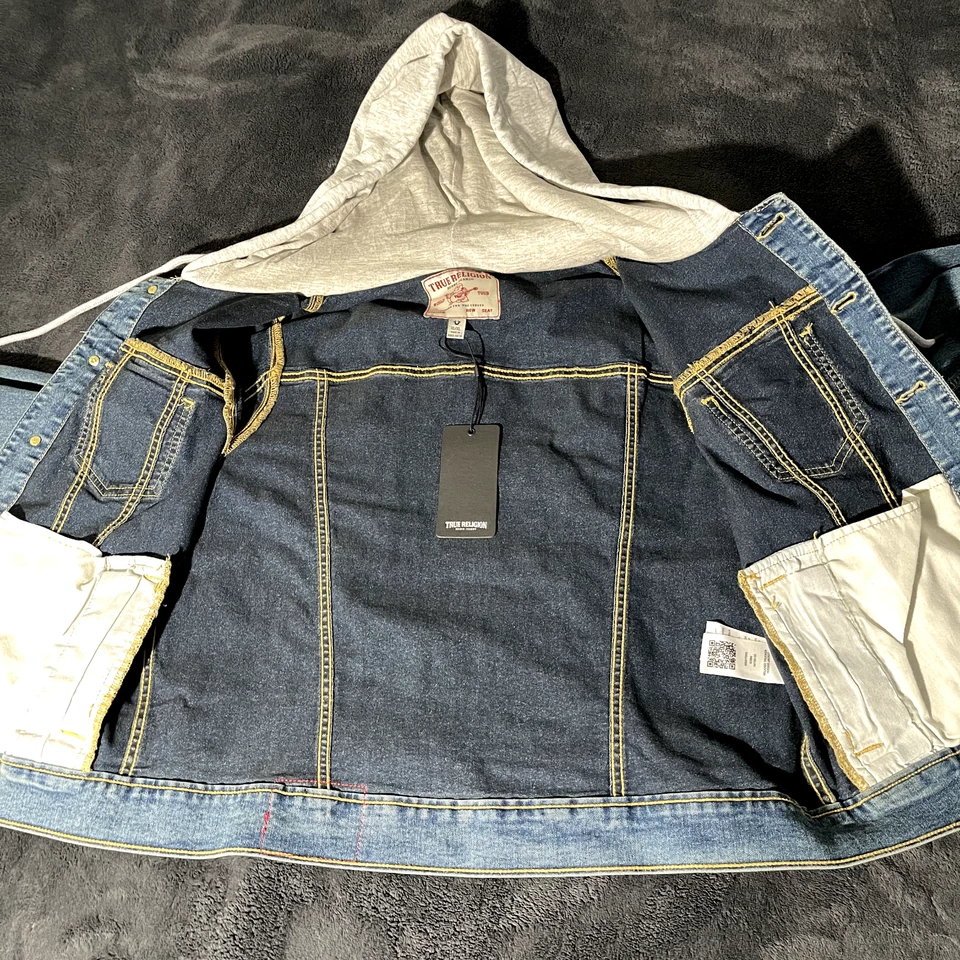 Chaqueta con capucha TRUE RELIGION Denim Trucker para mujer lavado medio XL Foto 3 de 4