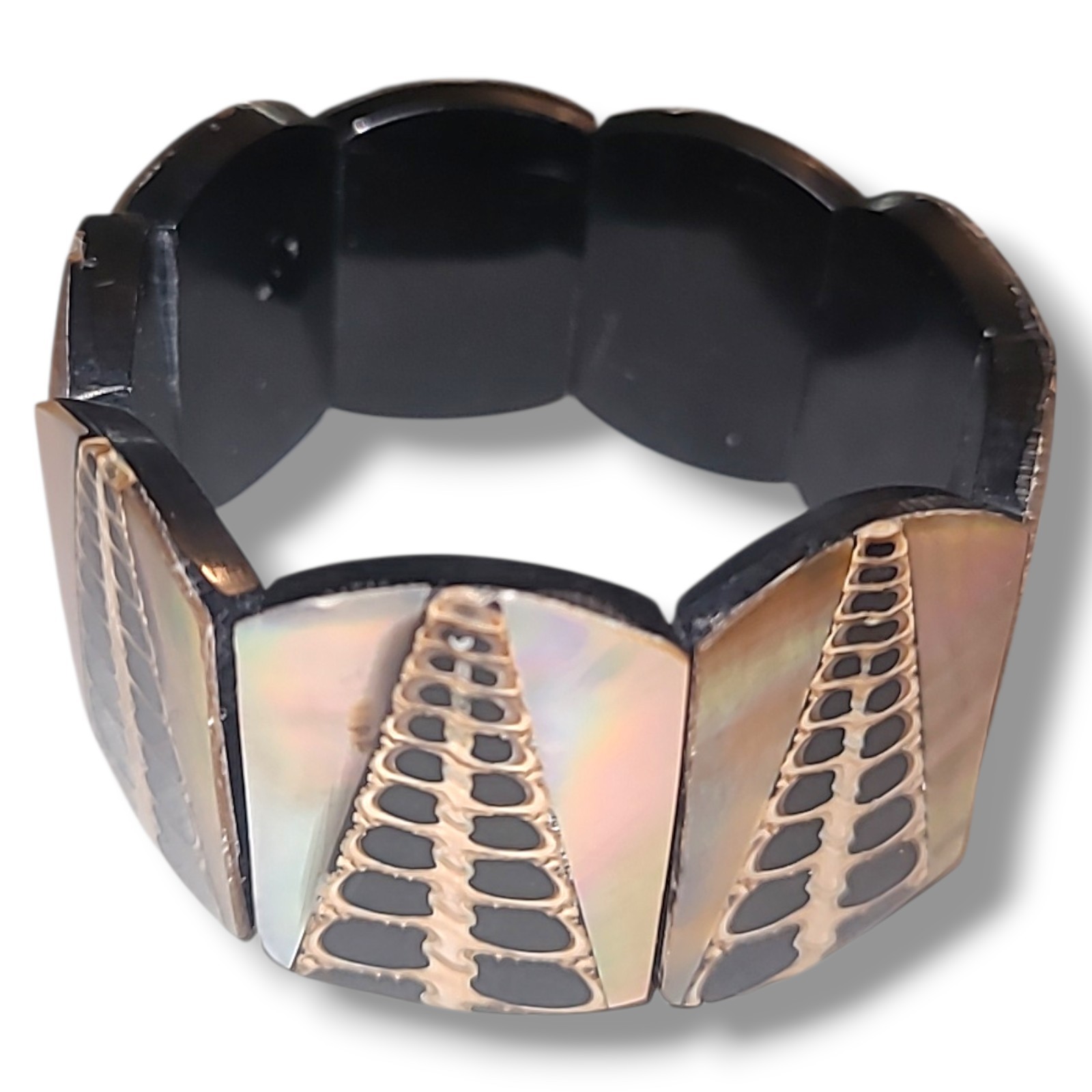 Vintage Abalone Shell Panel Stretch Bracelet Blac… - image 1
