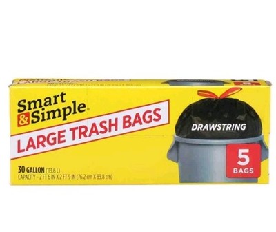 5 BOXES = Smart & Simple 30 Gallon Flex Trash Bags Drawstring, 5 ct Garbage Bags