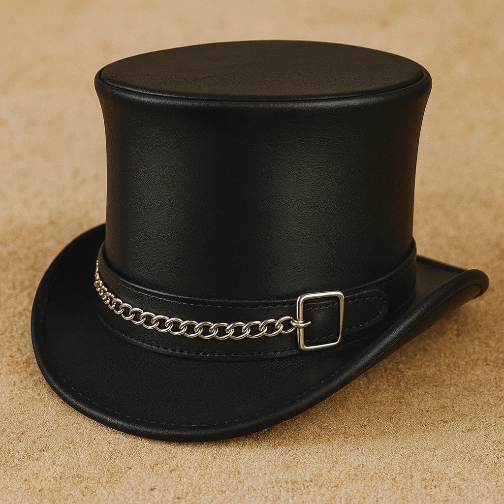 Black Leather Top Hat / Steampunk Victorian costume Chain Accent cosplay Hat