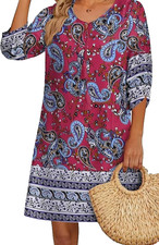 Women"s  Beach Summer Dress Boho Tassel Tie Neck 3/4 Long Sleeve Size L