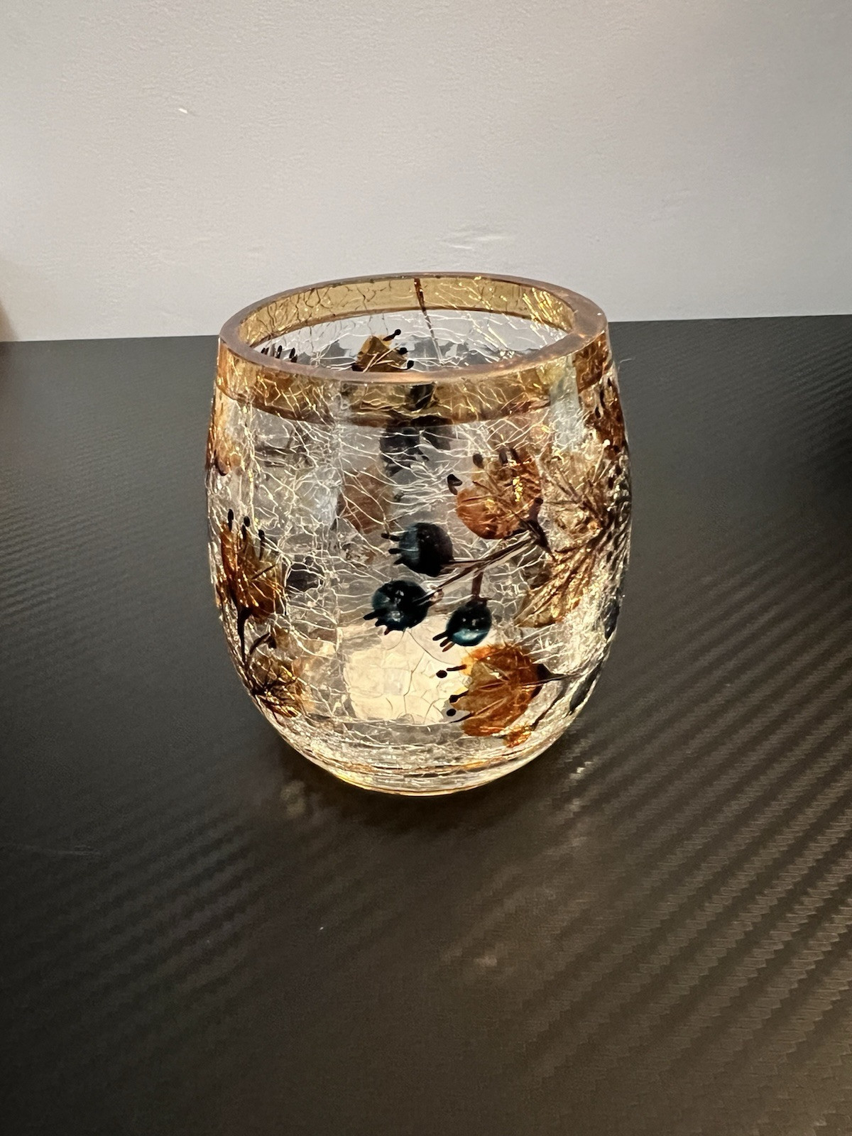 Yankee Candle Crackle Glass Votive Holder with Brown Trim Fall Flowers  