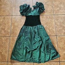 Vtg 80s Party Dress Emerald Green Velvet Taffeta Midi Poofy Sleeves Drop Waist
