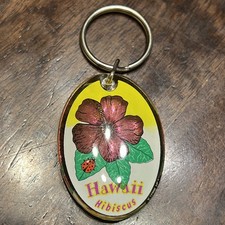 Hawaii Hibiscus Keychain Tropical Hawaiian Flower Souvenir Plastic Keyring VTG