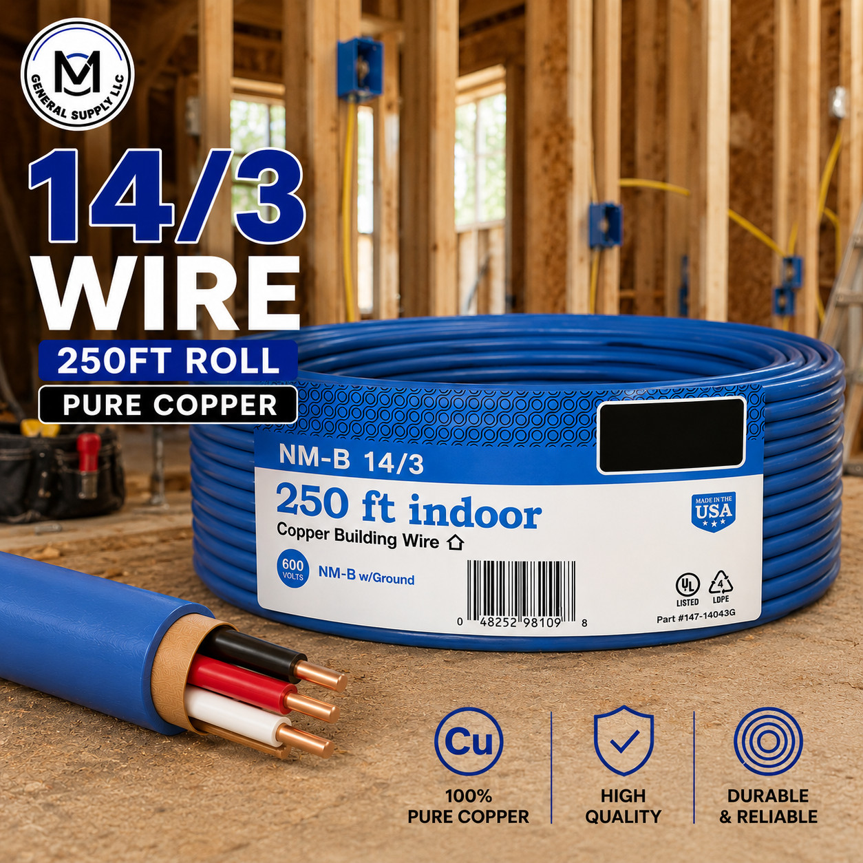 14/3 copper wire 250ft roll, blue color, different brands for electricians