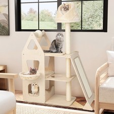 Wooden Cat Tower Cat Climbing Stand Multi-Layer Cat Tree W/ Sisal Ramp & Cradle