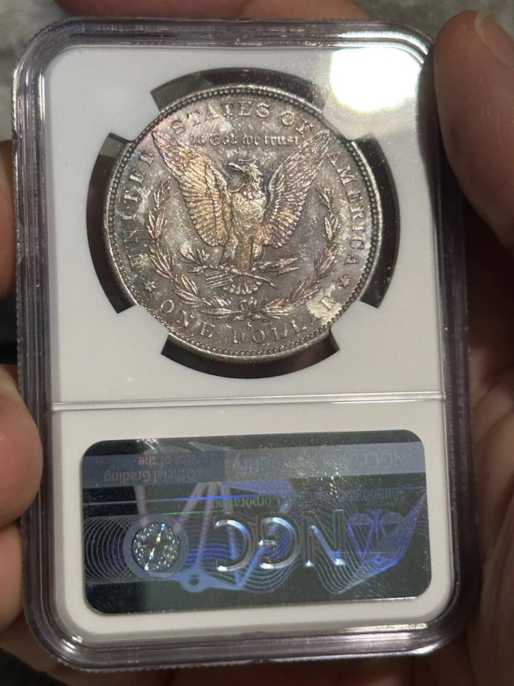 Dólar de plata Morgan 1879 S graduación profesional MS-62 TONIFICADO tono arco iris Foto 3 de 4