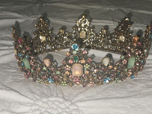 Fantasy Crown Tiara Multicolor Rhinestone Antique Gold Tone Renaissance Cosplay