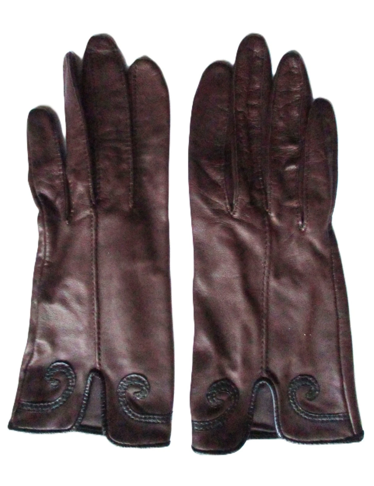 Vintage Aris Kid Kidskin Brown Leather Gloves Womens 6.5 Scroll Embellishment
