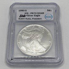 1990 S $1 American Silver Eagle 1oz ICG PR70DCAM Austin Hutto Signed