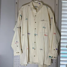 Orvis Shirt Men's Large Ivory Fish Shark Handwoven Cotton Collared Long Sleeve