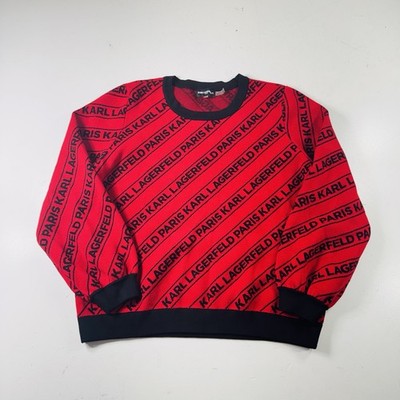 Karl Lagerfeld Paris Sweater Womens Large Red Black Spellout Printed Round Neck