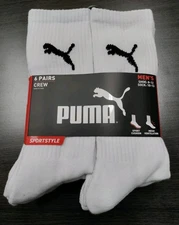 PUMAS 6 PAIR MEN'S CREW SOCKS COLOR WHITE FOR SHOE SIZE 8-12.