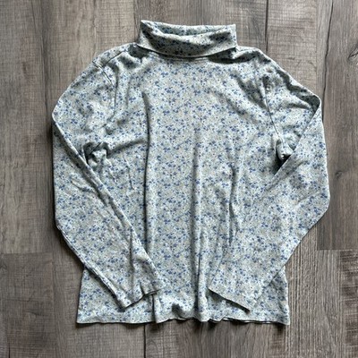 Vintage LL Bean Turtleneck Shirt Women's M Floral Blue Green Stretch Grandma