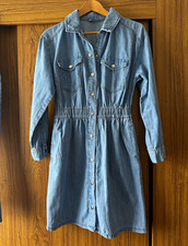 F&F Blue Denim Shirt Dress Long Sleeve Collared Knee Length Size 10