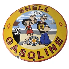 Vintage Shell Gasoline Sign - Betty Boop Popeye Gas Oil Pump Porcelain Sign