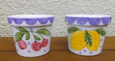 2er Set Blumentopf Pflanztopf Übertopf - Keramik glasiert bunt Kirschen Zitronen - Bild 1 von 4