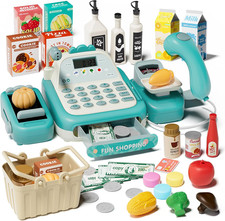49PCS Pretend Play Cash Register Toy Set for Kids with Real Calculator,Scanner,M