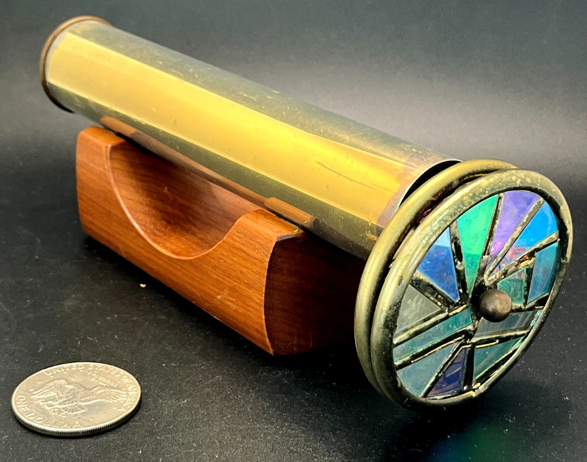 Vtg SIGNED Janice Chesnik Brass Glass 2 Wheel 8.75" Kaleidoscope w/ Stand 1994