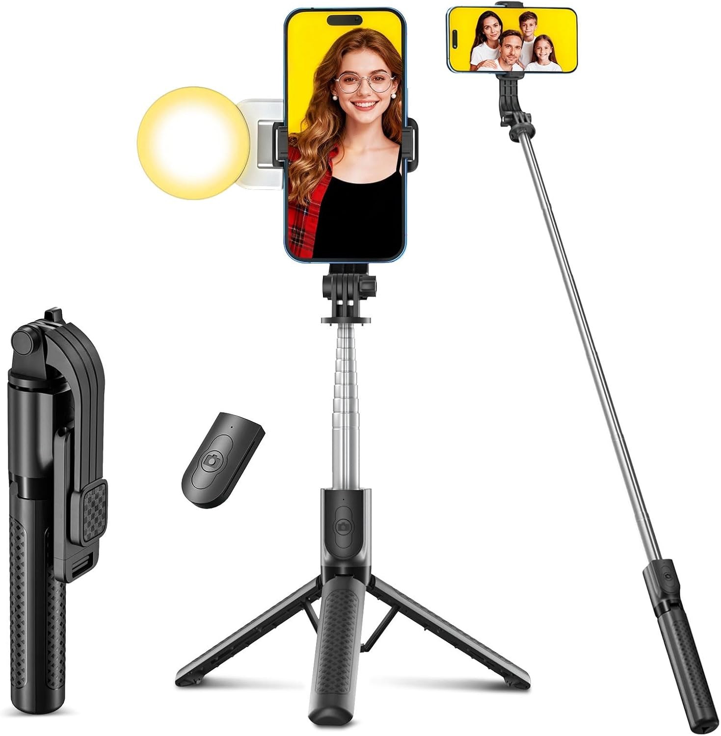 Selfie Stick Tripod with Fill Light 125cm Portable Telescopic Detachable